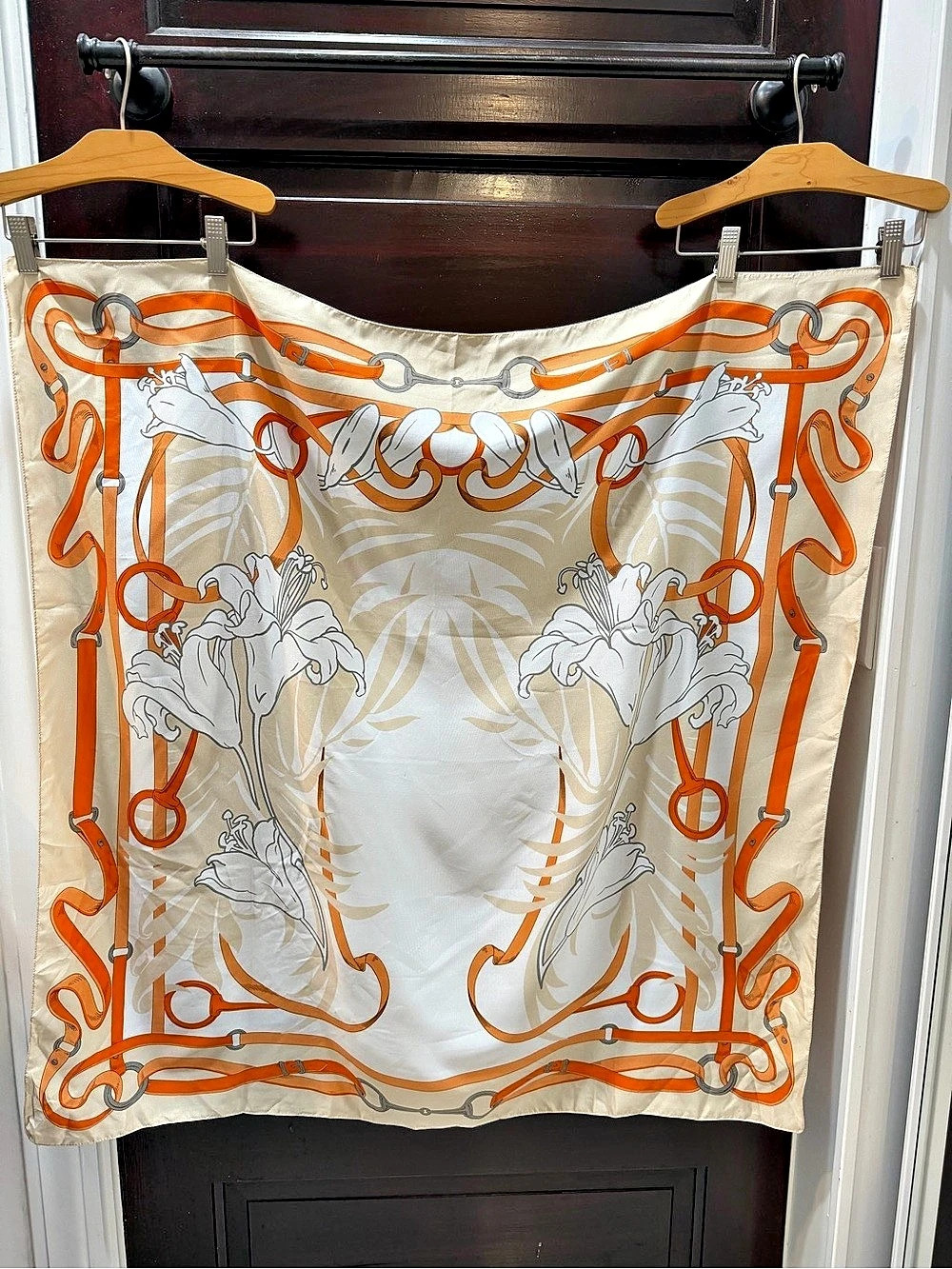 Orange & White Equestrian and Floral Printed Scarf, Scarf Trend